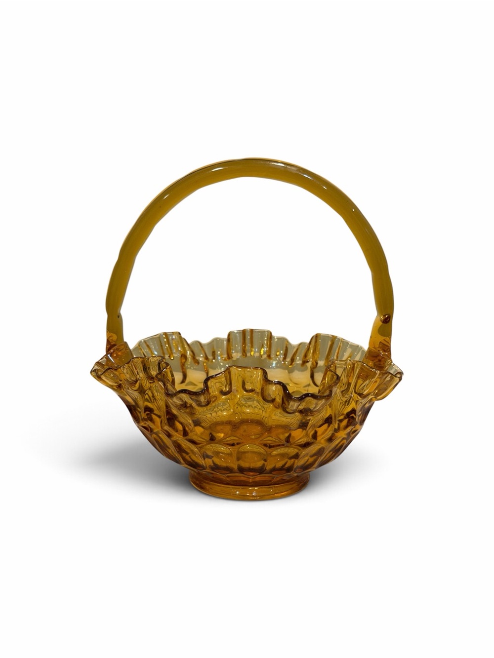 Fenton Amber Ruffled Glass Basket with Handle